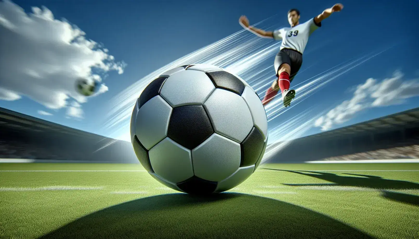 Soccer ball in sharp focus mid-flight against a blue sky, showing a parabolic trajectory over green grass with player in motion blur.