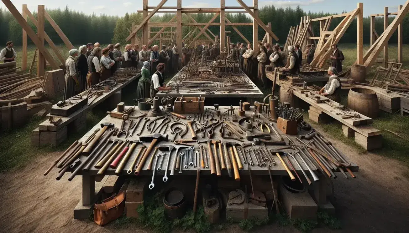 Grupo de personas reunidas alrededor de una mesa de trabajo al aire libre con herramientas manuales antiguas y estructura de madera y metal en construcción en un entorno verde.