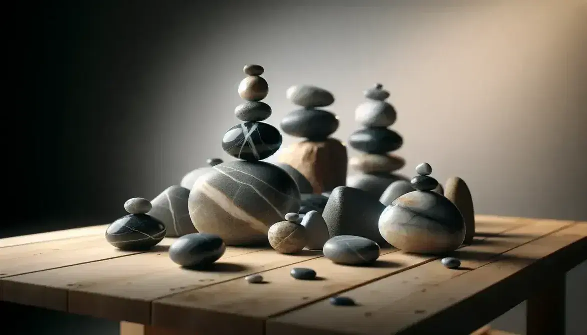 Pietre levigate di varie forme e dimensioni su banco da lavoro in legno chiaro, con torre di tre sassi impilati in primo piano e ombre delicate.