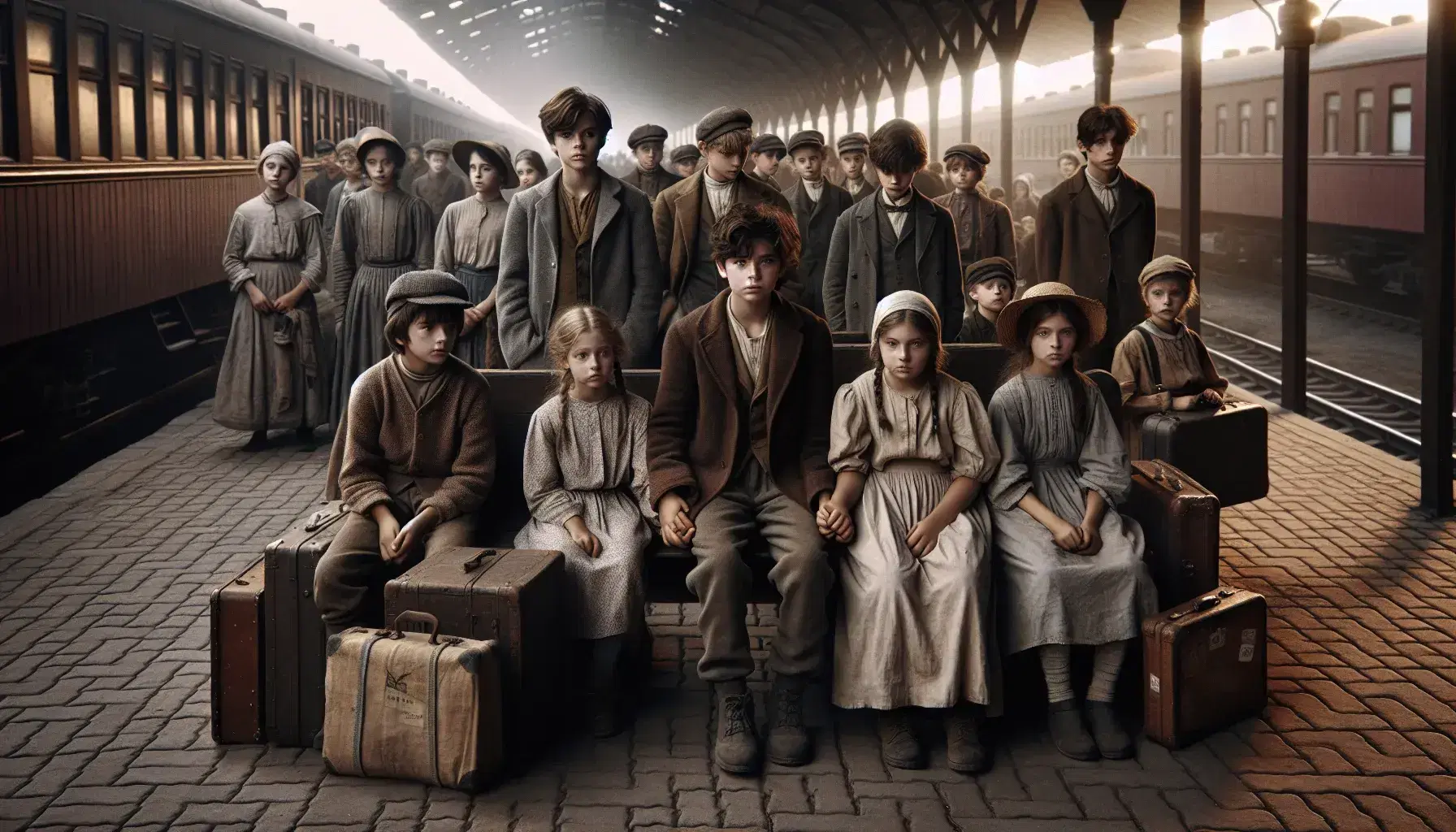 Bambini e adolescenti in abiti d'epoca attendono in stazione, alcuni seduti su valigie, con treno a vapore sullo sfondo.