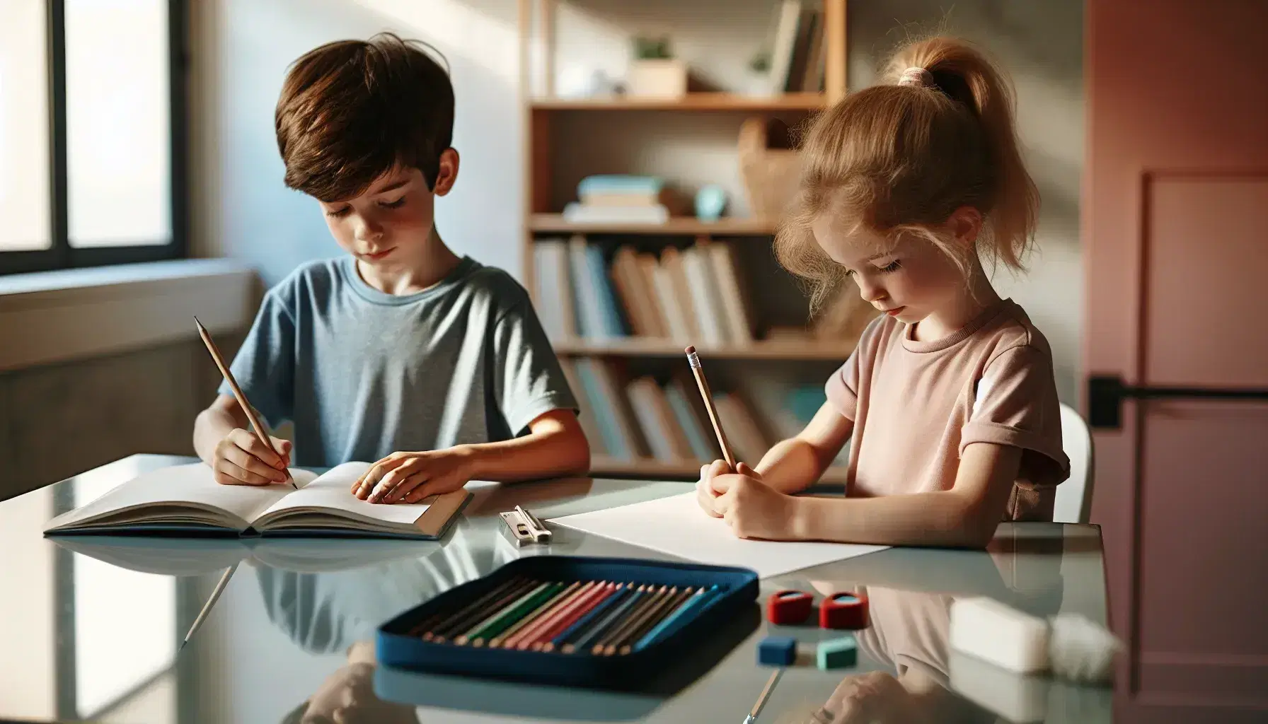 Bambino e bambina impegnati in attività creative al tavolo con libro aperto, astuccio, matite colorate e temperino.