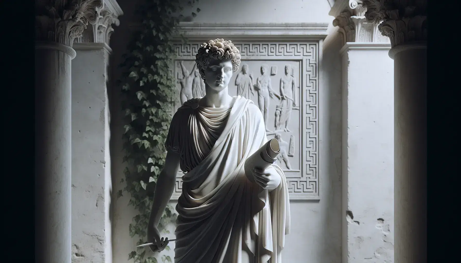Statua in marmo bianco di figura storica antica con tunica, mantello, diadema e pergamena, davanti ad arco trionfale romano con edera.