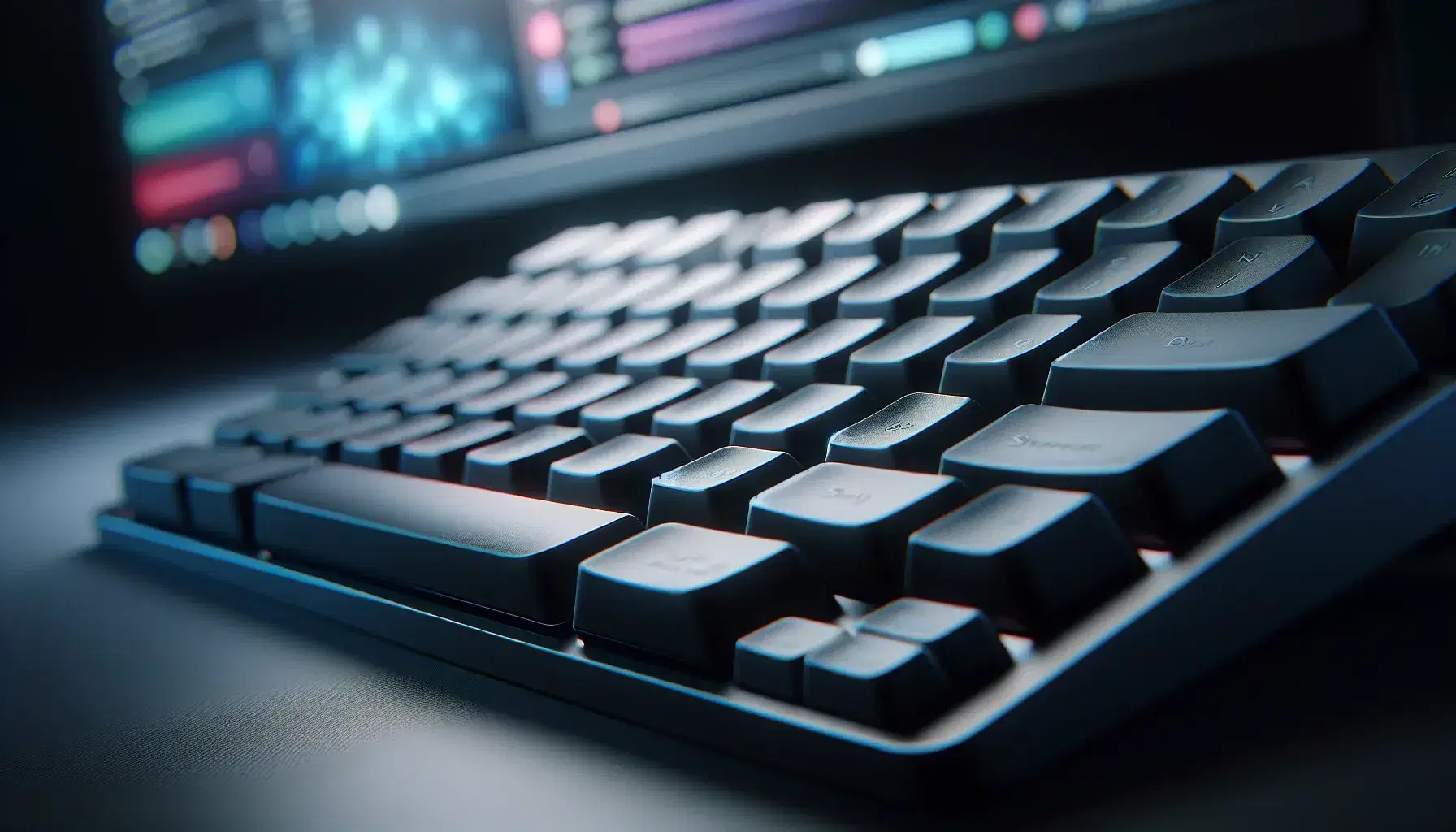 Modern black characterless computer keyboard with bright blue and green colored screen background, professional and minimalist design.