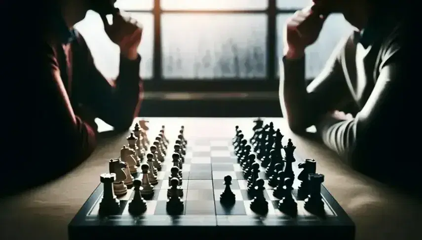 Tablero de ajedrez al inicio de una partida con piezas blancas y negras, jugadores concentrados al fondo.