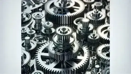 Ingranaggi meccanici metallici interconnessi in un sistema complesso con riflessi di luce, senza segni o simboli.