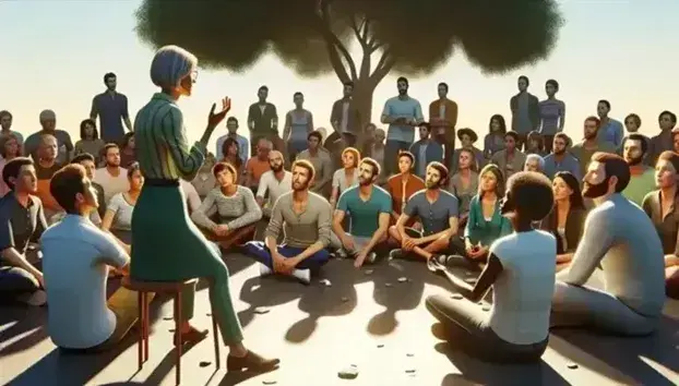 Grupo diverso de personas sentadas en semicírculo al aire libre escuchando a un orador con gestos expresivos, en un entorno natural al atardecer.