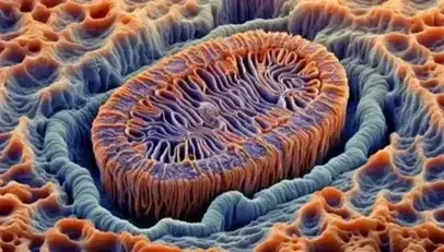 Detailed micrograph of a cross section of cell with mitochondrion, smooth endoplasmic reticulum and other organelles.