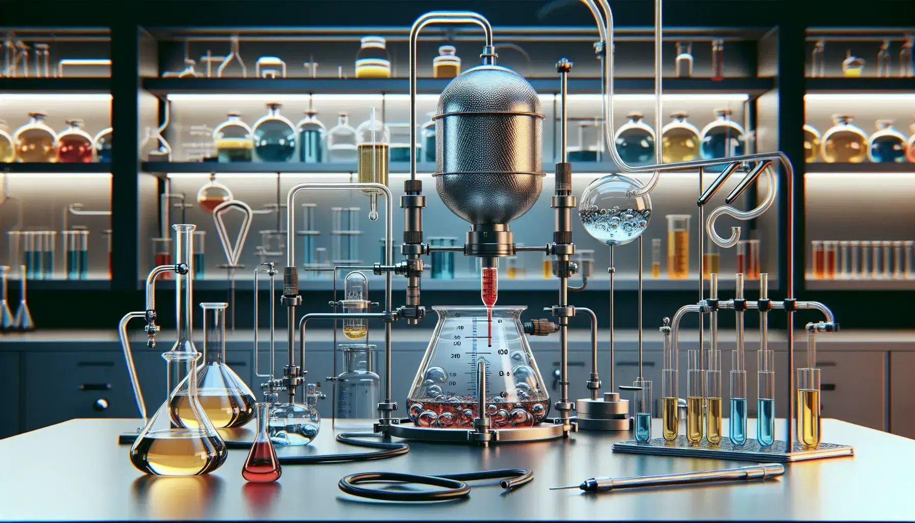 Laboratorio científico de termoquímica con termómetro de vidrio, cilindro metálico, tubos flexibles y frascos de líquidos coloreados.