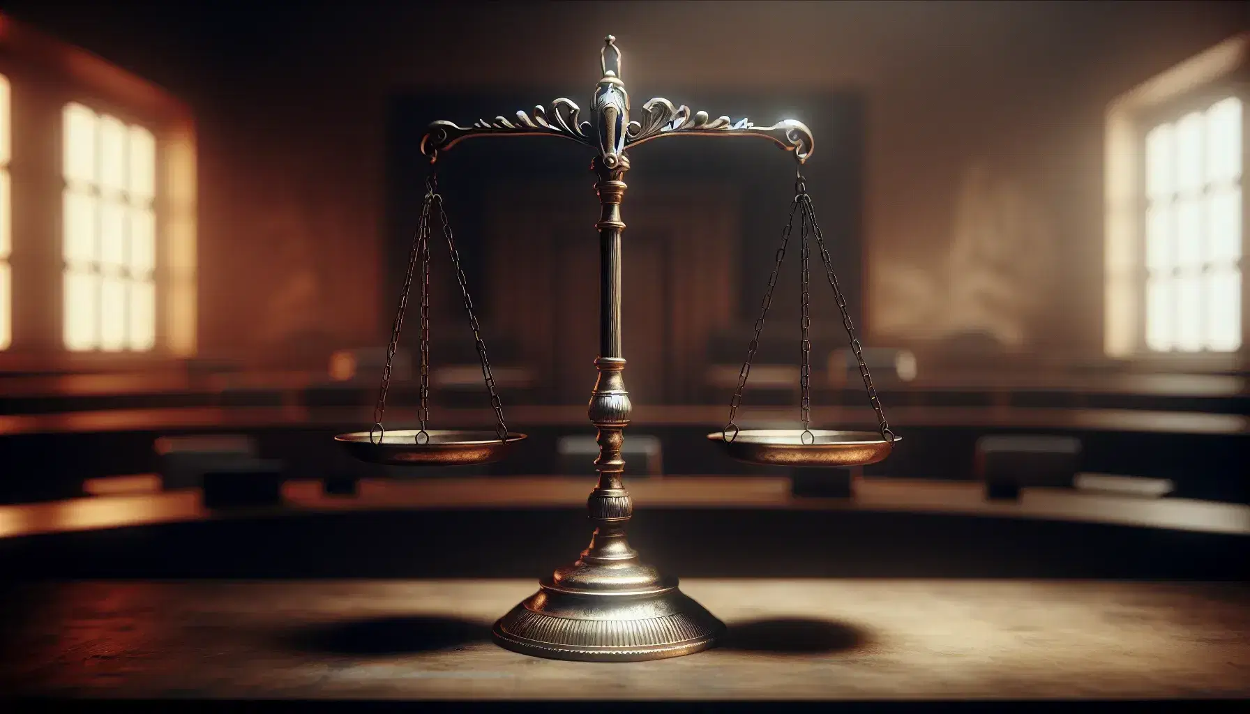 Bilancia antica in equilibrio con piatti vuoti in primo piano e sfondo sfocato che suggerisce un'aula di tribunale.