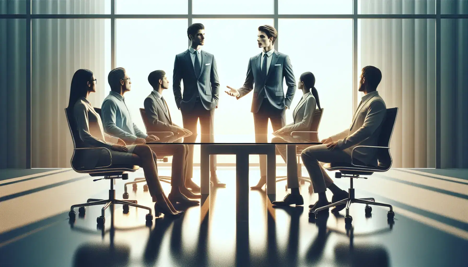 Grupo de cinco profesionales en una oficina, uno de pie presentando y cuatro sentados atentos alrededor de una mesa de conferencia bajo luz natural.