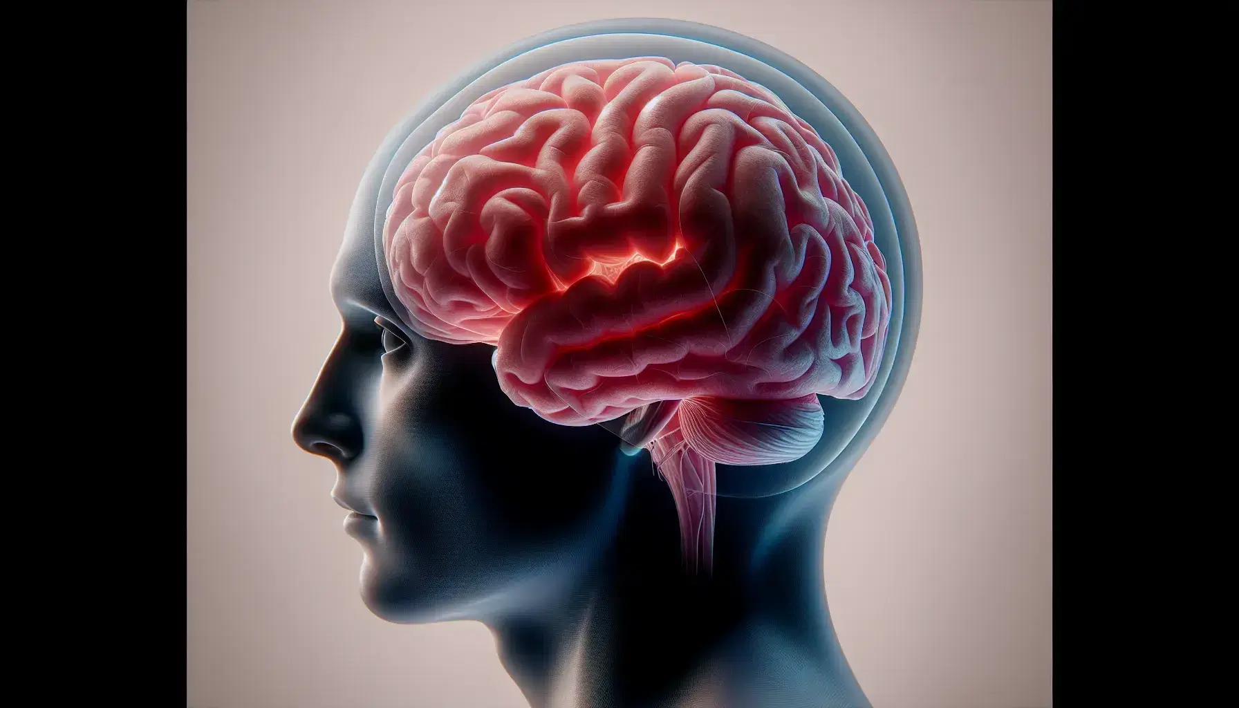Cerebro humano en tonos rosados y rojizos con surcos y giros característicos, junto a silueta humana azul transparente, sin detalles faciales, en fondo gris neutro.