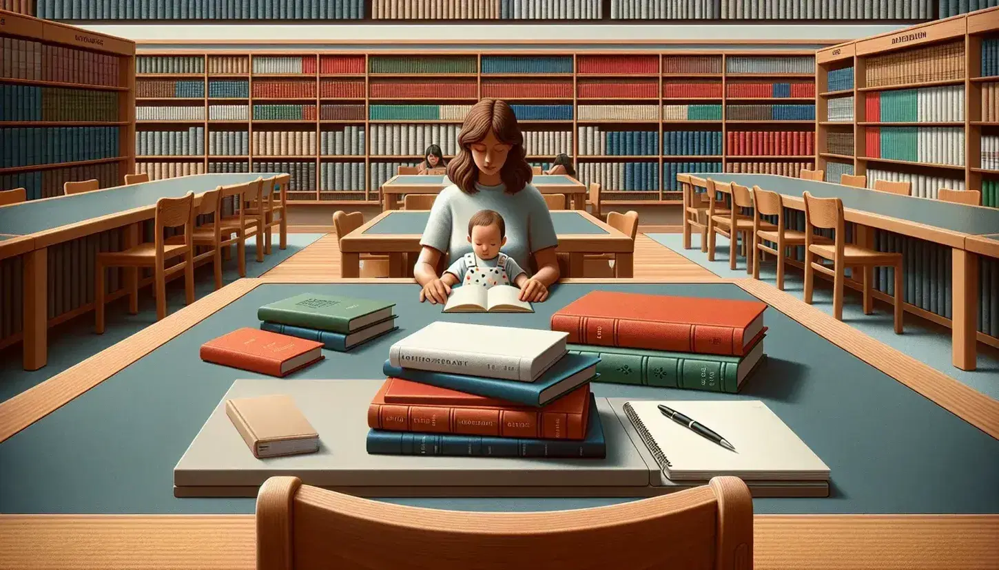 Mujer con camiseta azul leyendo un libro de cartón a un bebé en su regazo, en una biblioteca universitaria con estantes llenos de libros y una mesa con libros y cuaderno.