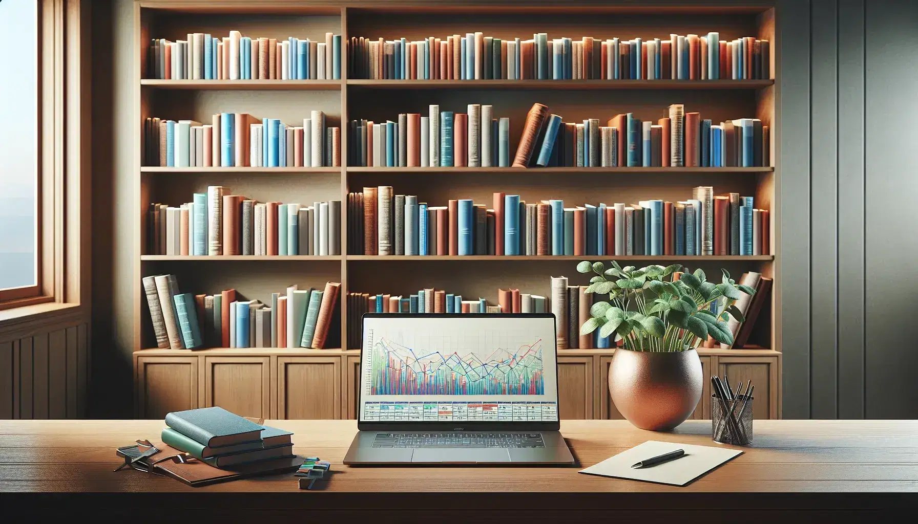Estantería de madera con libros variados junto a mesa con portátil mostrando gráficos y hoja en blanco con bolígrafo, planta al fondo.
