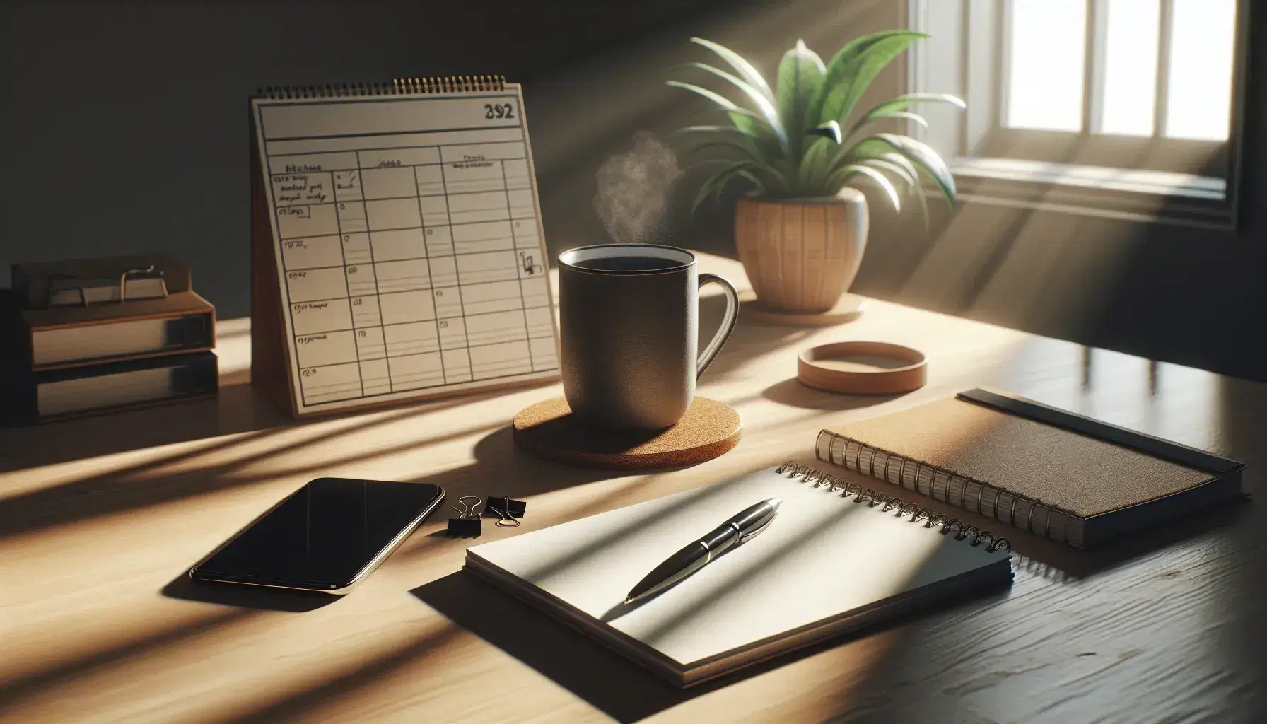 Escritorio de oficina de madera clara con bloc de notas, bolígrafo, calendario sin fechas marcadas, smartphone apagado y taza de café sobre posavasos de corcho, junto a planta interior desenfocada.
