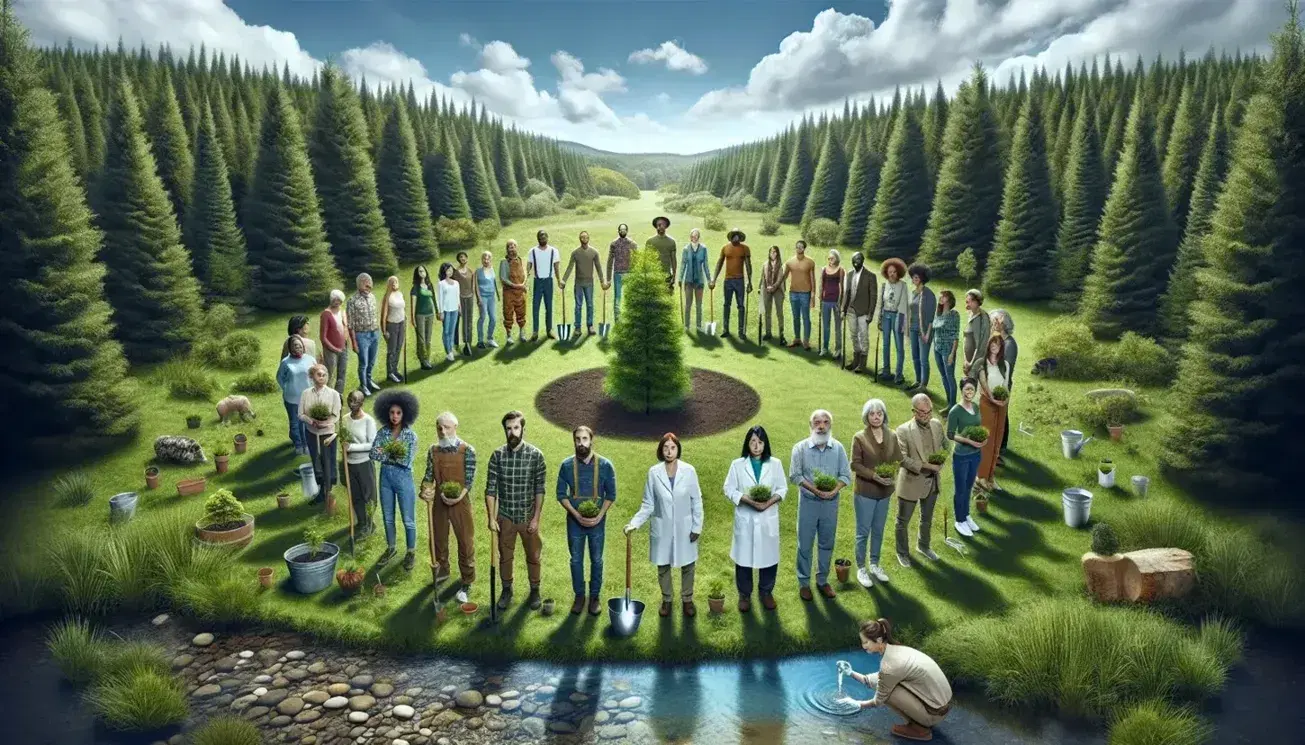 Multiethnic and intergenerational group cares for young tree on green meadow, scientist analyzes water, blue sky and lush forest.