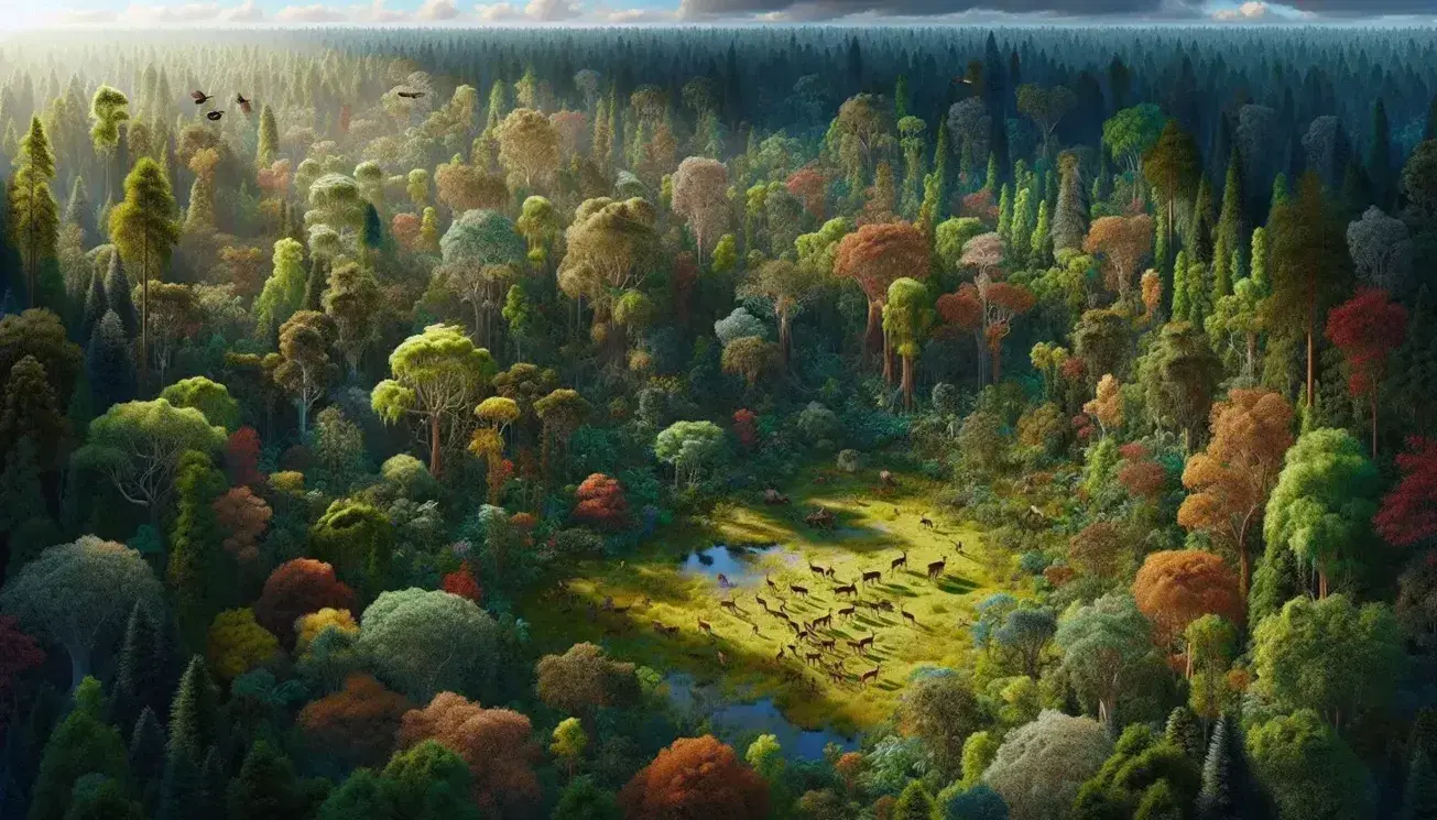 Bosque denso con copas de árboles en tonos verdes y amarillos, claro con estanque reflejando el cielo, ciervos pastando y aves volando cerca.