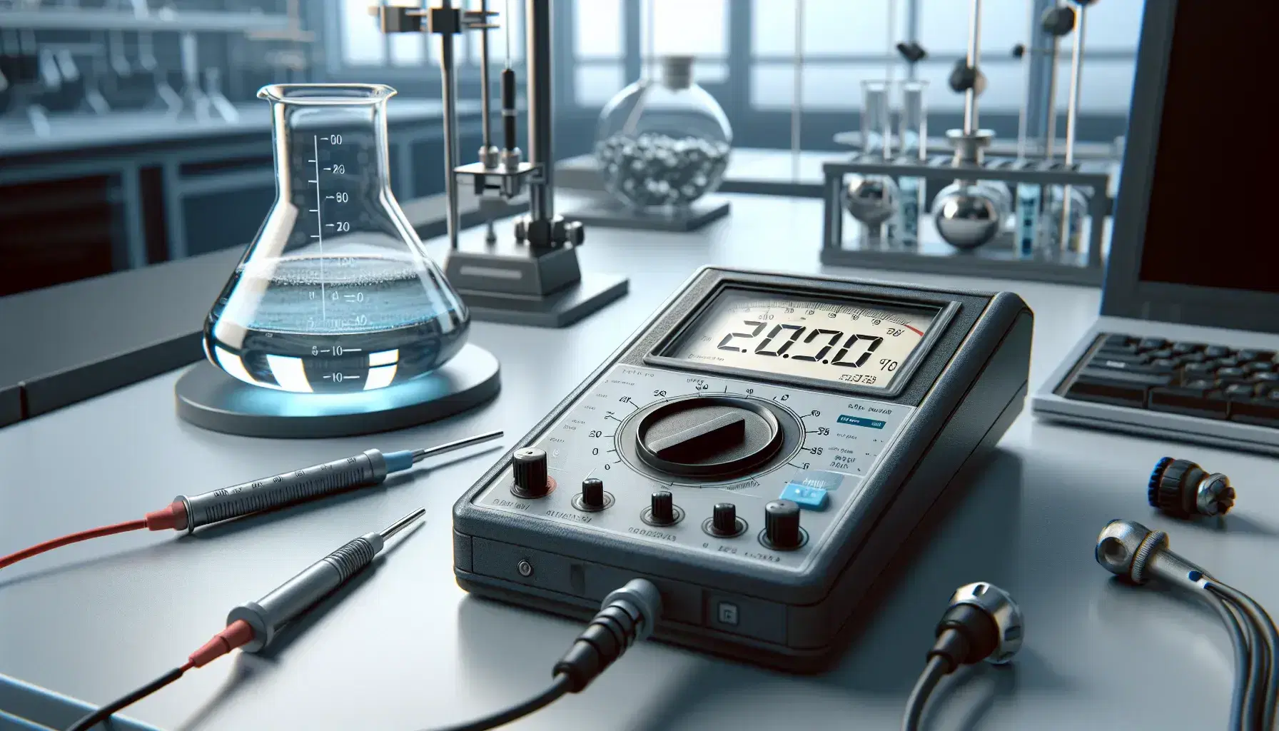 Laboratory scene with a digital multimeter, analog thermometer, beaker on a digital scale, and a stationary pendulum, highlighting precision measurement tools.