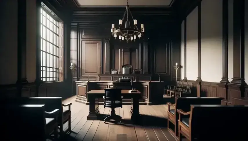 Aula di tribunale solenne con pareti e panche in legno scuro, banco del giudice vuoto e finestra che illumina la stanza.