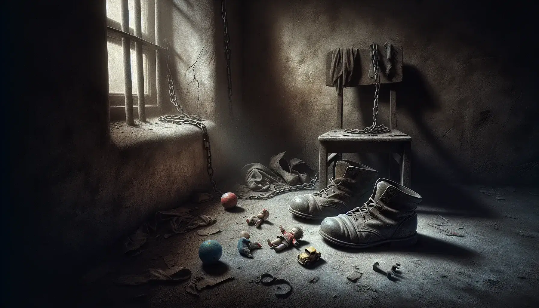 Dimly lit room with a small barred window, worn-out shoes, colorful children's toys, and a rusted chain over a broken wooden chair.