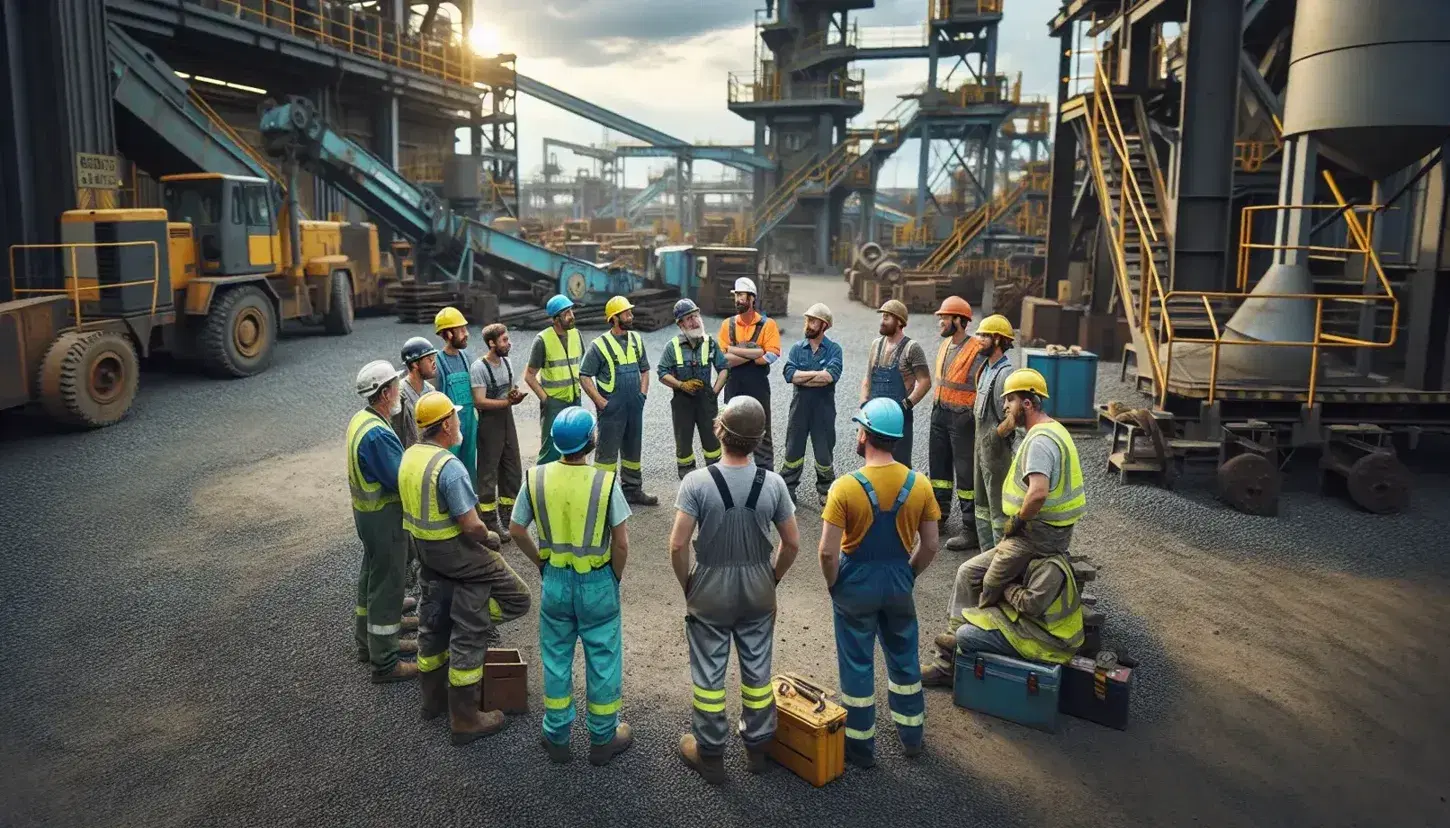 Operai in pausa su cantiere industriale discutono animatamente, indossando caschi e giubbotti ad alta visibilità, con macchinari sfocati sullo sfondo.