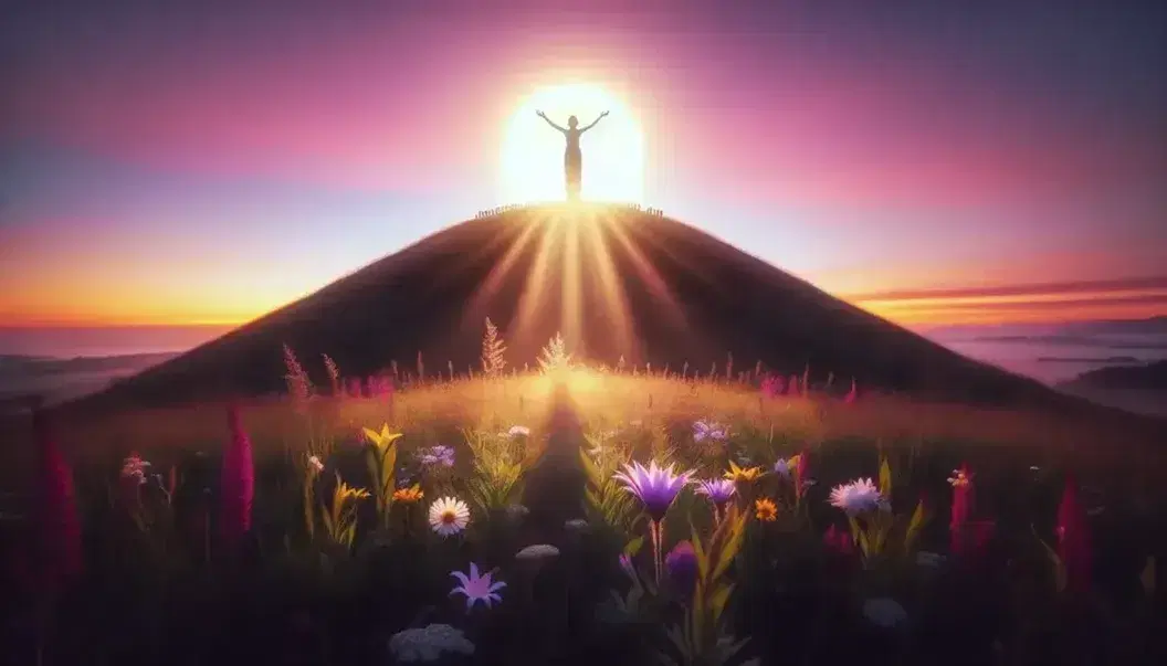 Amanecer sereno con figura humana en colina y grupo de personas mirando, cielo degradado sin nubes y flores silvestres en primer plano.