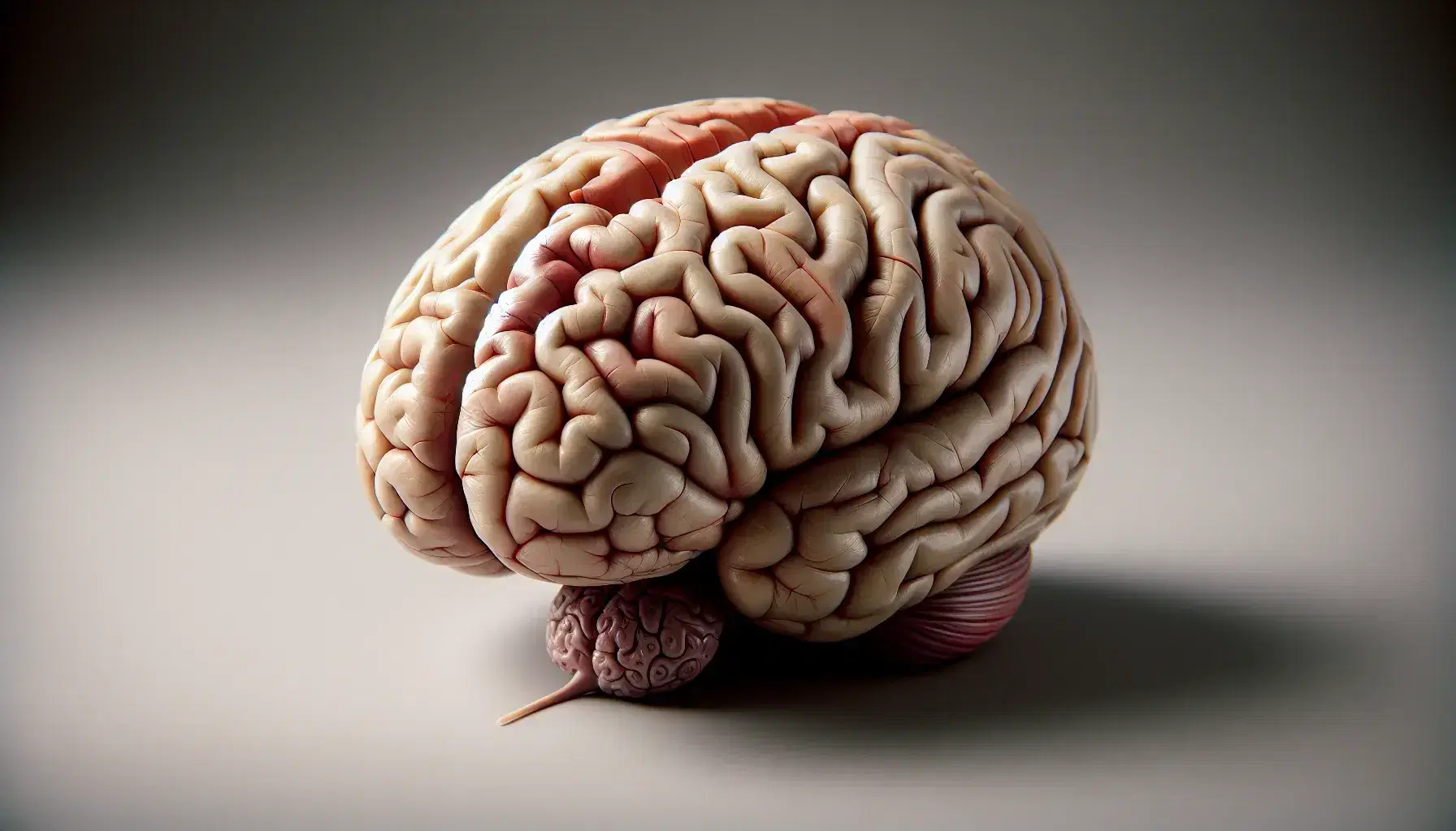 Modelo anatómico detallado de un cerebro humano con sus surcos y regiones visibles, y una glándula pituitaria conectada, sobre superficie neutra.