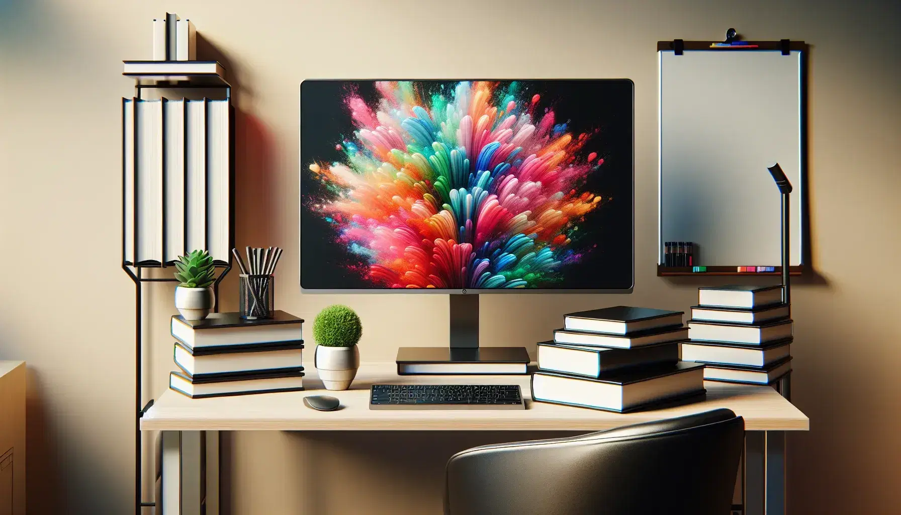 Modern office with black desktop computer, lit monitor with abstract graphics, stacked books, empty white board and green plants.