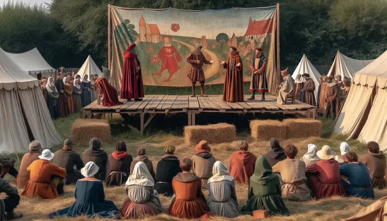 Scena teatrale medievale all'aperto con attori in costume su palco di legno, pubblico in abiti d'epoca e stand con cibi.