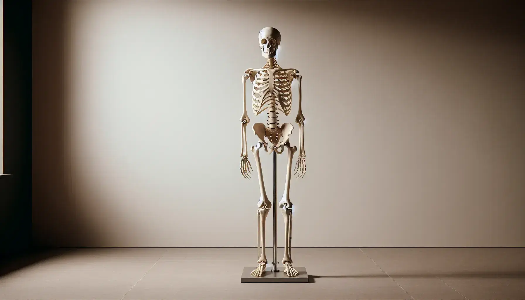 Esqueleto humano completo montado en soporte metálico, con brazos separados y palmas hacia adelante, sobre fondo neutro.