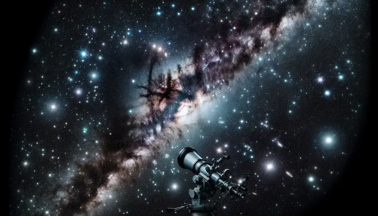 Cielo notturno stellato con Via Lattea, stelle di varie dimensioni e telescopio astronomico in primo piano.