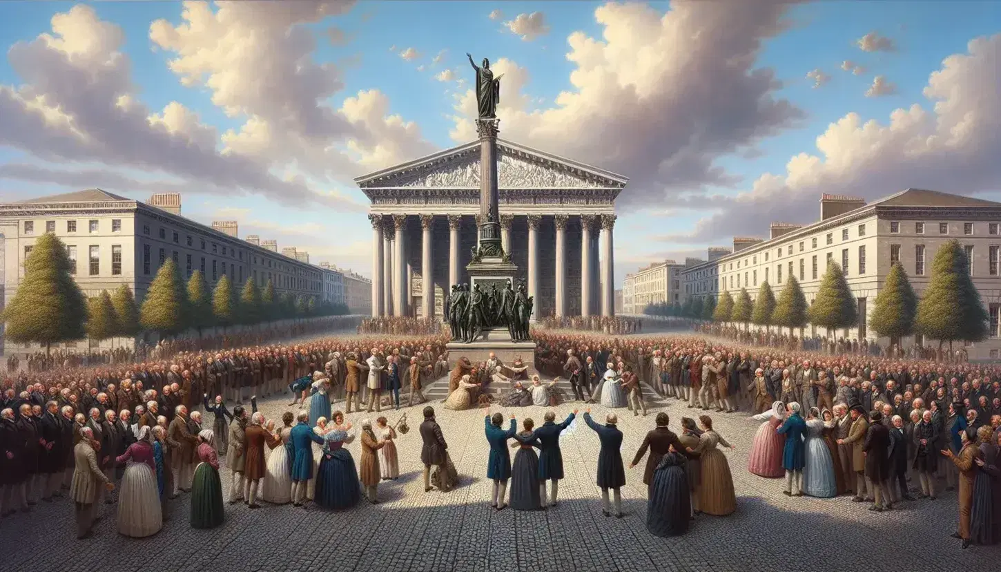 Celebrazione di persone di varie età in una piazza con pavimento in pietra grigia, statua bronzea femminile in primo piano e edificio colonnato sullo sfondo.