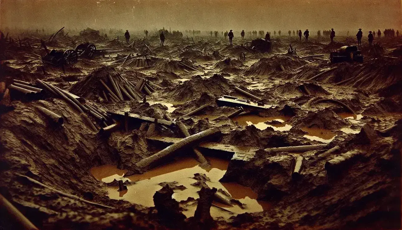 World War I battlefield after a skirmish at the Battle of the Somme, with soldiers navigating a muddy, crater-filled landscape under a heavy gray sky.