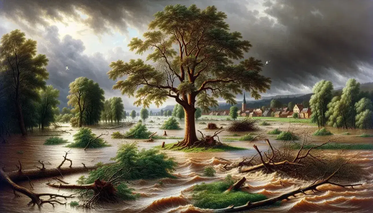 Paisaje post-tormenta con árbol dañado en primer plano, río desbordado y casas parcialmente sumergidas bajo un cielo nublado.