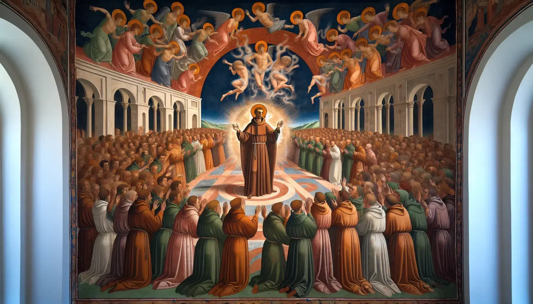 Affresco di Giotto "Espulsione dei demoni da Arezzo" con San Francesco al centro, figure umane emozionate e demoni in fuga su sfondo azzurro.