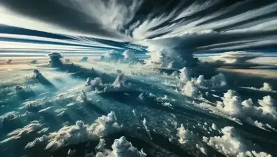 Vasto paesaggio aereo con cielo nuvoloso, da cirri a cumulonimbus illuminati dal sole, su terra verde con campi e boschi.