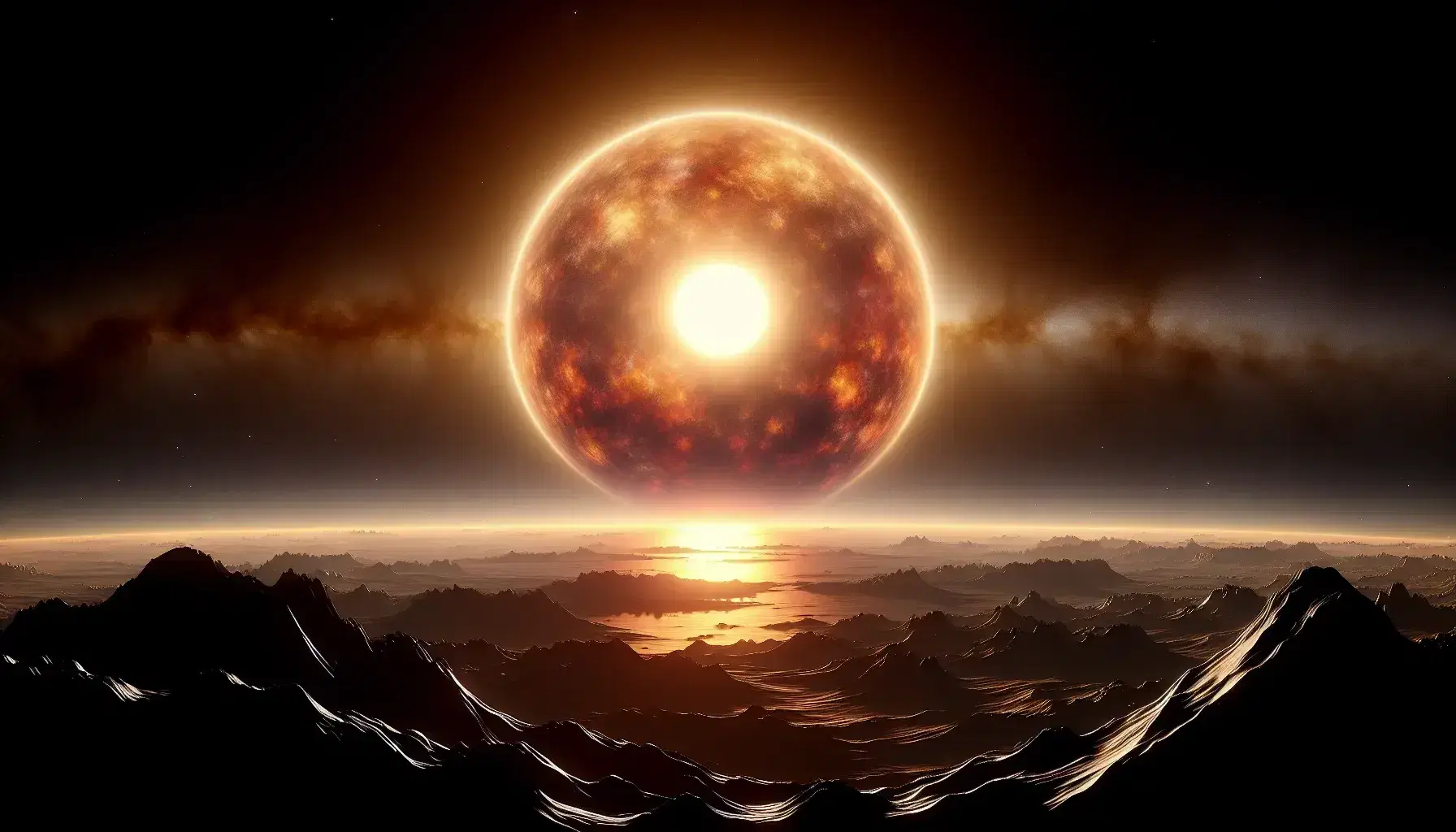 Alba solare dietro un pianeta roccioso con terreno accidentato e cielo sfumato da nero a blu, senza atmosfera visibile.