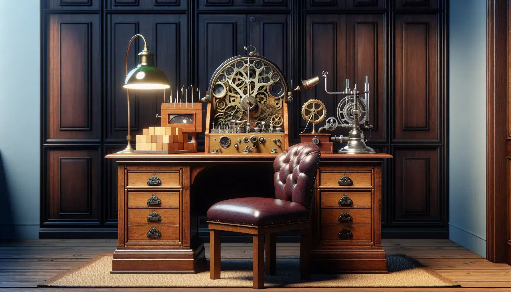 Historic psychological experiment environment with wooden desk, antique equipment, burgundy armchair and floor lamp with green lampshade.