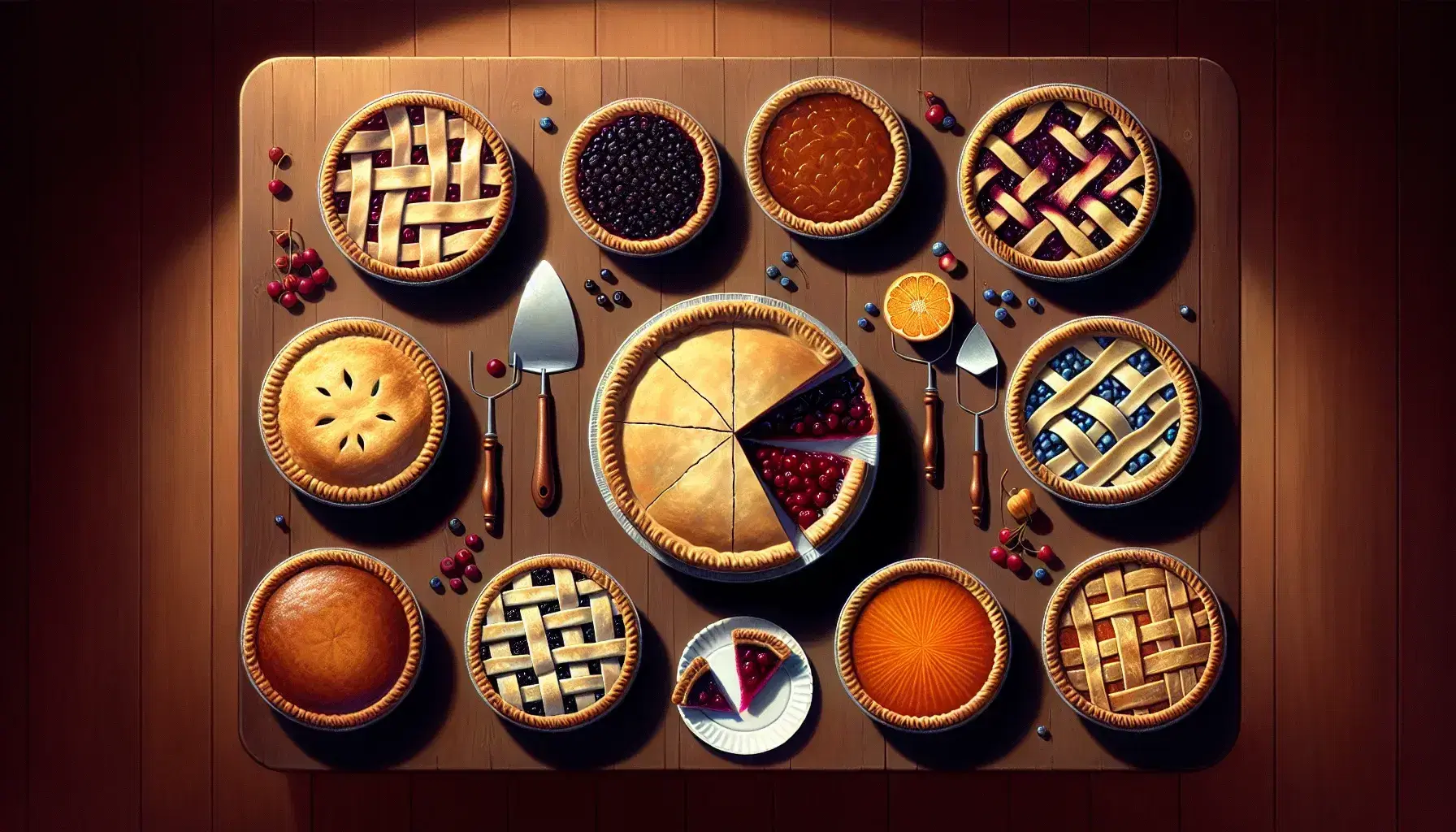 Assorted freshly baked pies on a wooden table, including cherry, blueberry, apple lattice, and pumpkin, each cut into slices with pie servers beside them.