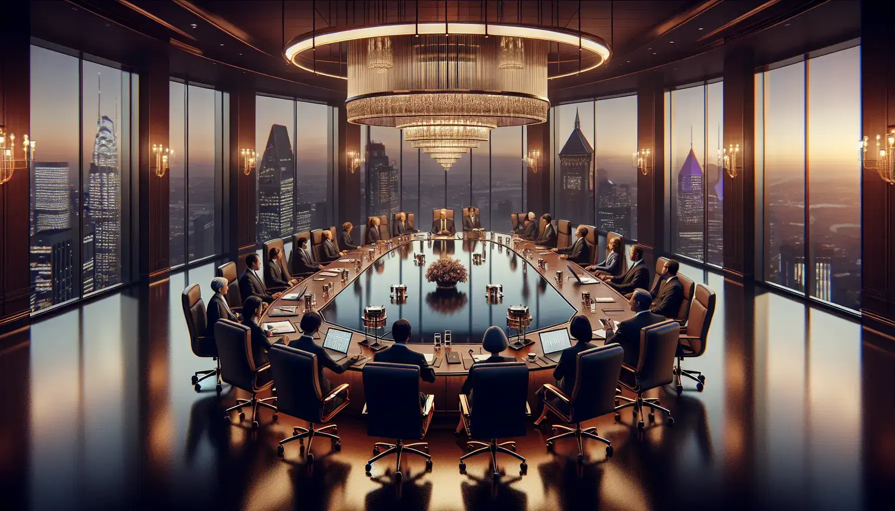 Diverse group of professionals in a formal meeting around an oval wooden table with laptops and notepads, in a room with cityscape views at twilight.