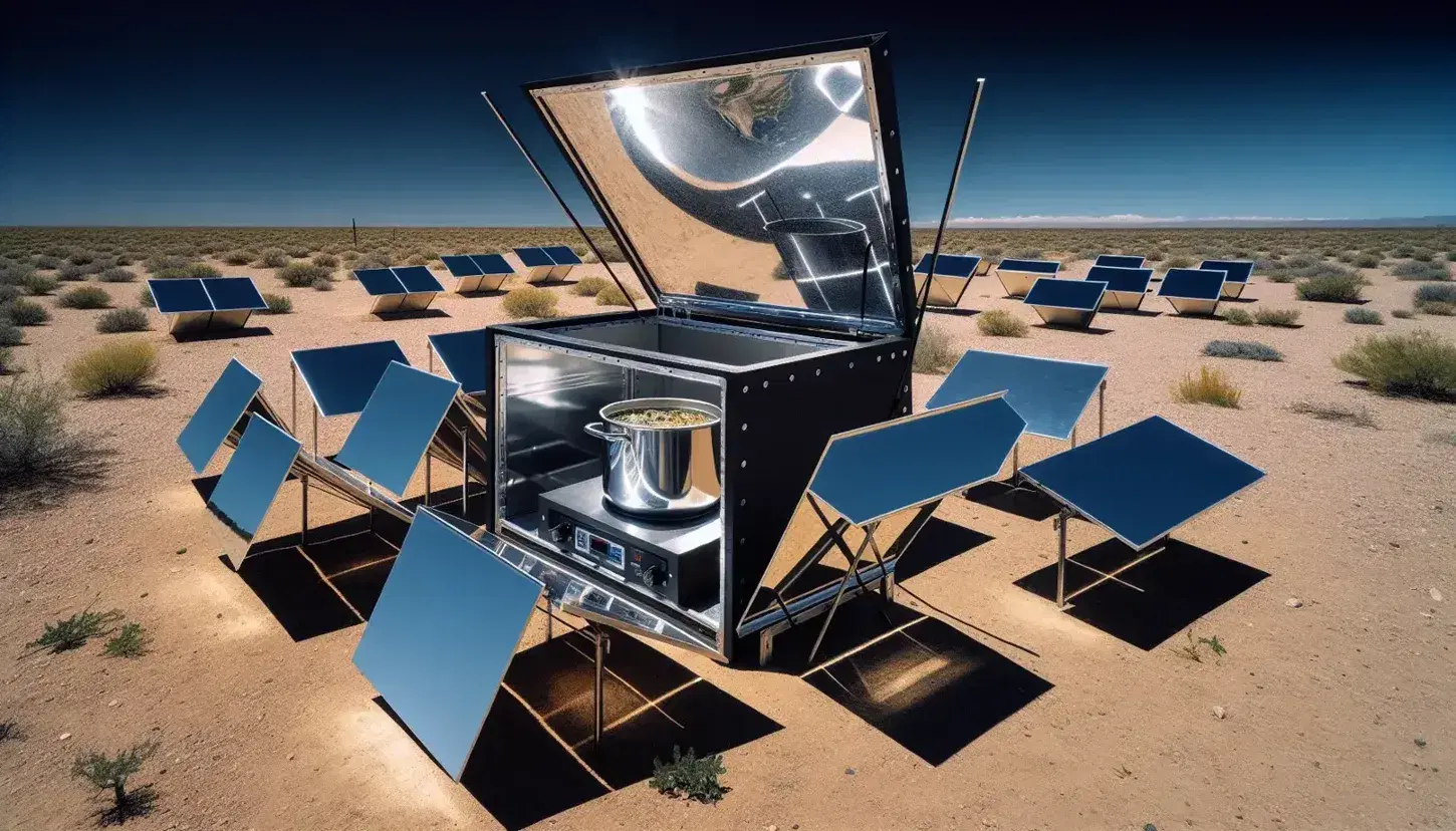 Horno solar casero en funcionamiento bajo cielo despejado, con paneles reflectantes dirigidos hacia la caja negra con tapa de vidrio que cocina alimentos en un entorno árido.