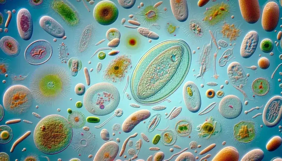 Microfotografia colorata di protozoi e cromisti nel plancton marino, con protozoo ovale e cromisti verdi e marroni con flagelli.