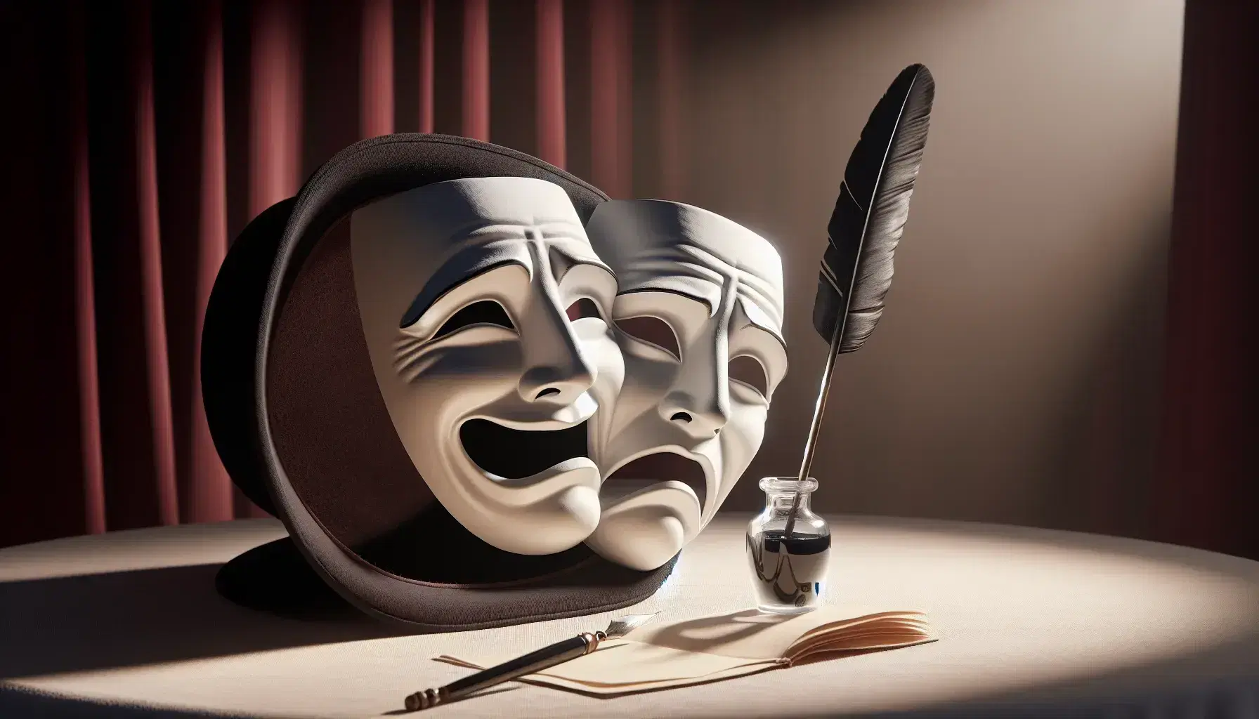 Maschera teatrale bifronte con espressioni di gioia e tristezza, cilindro nero e penna d'oca con calamaio su sfondo di tende rosse.