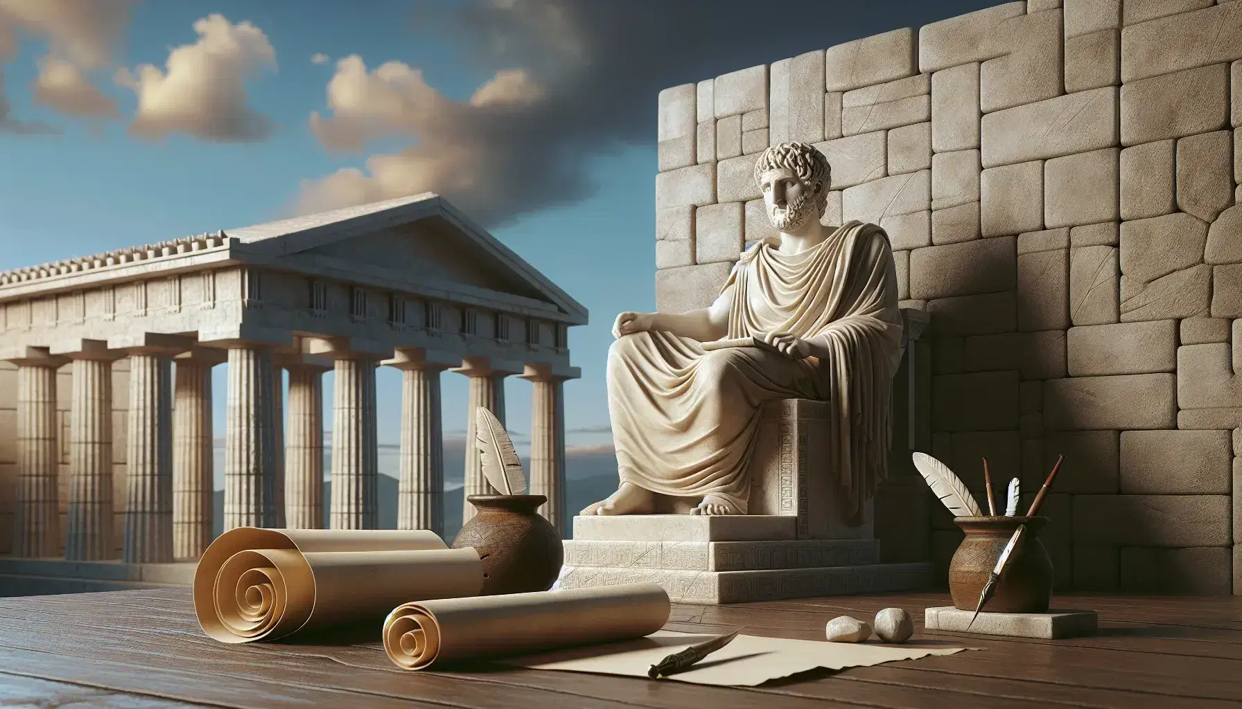 Statua marmorea di Erodoto in abiti classici su piedistallo decorato, con tempio dorico sullo sfondo, pergamena, penna e calamaio su tavolo in legno.