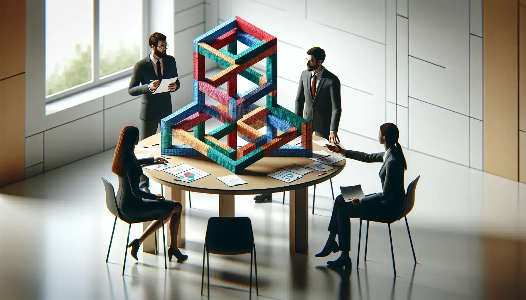 Cuatro profesionales en reunión alrededor de una mesa redonda analizando un modelo tridimensional de bloques interconectados en colores rojo, azul, verde y amarillo.