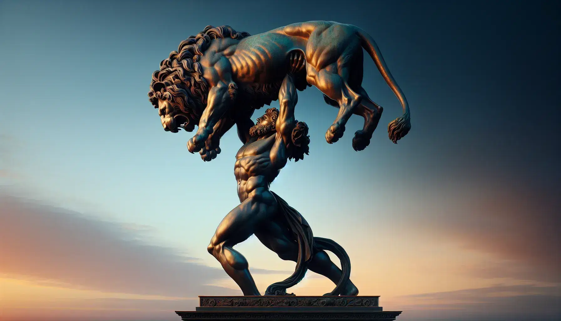 Statua in bronzo di Ercole che solleva il Leone Nemeo su sfondo gradiente alba, con dettagli muscolari e clava in primo piano.