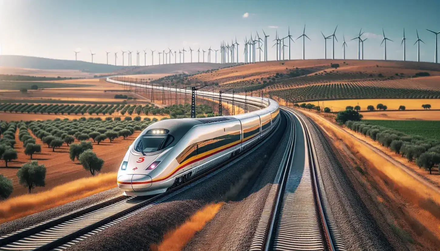 High-speed train in motion on Spanish countryside tracks, with green hills, olive trees, and distant wind turbines under a clear blue sky.