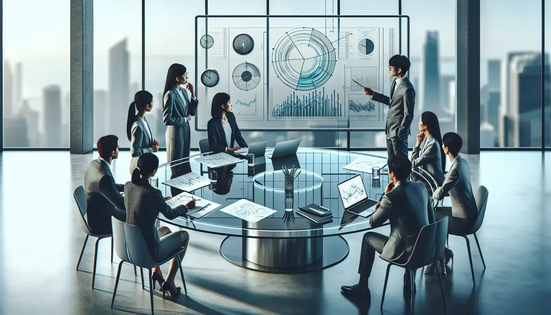 Diverse team in a modern office engages in a meeting around an oval glass table with a laptop displaying a colorful graph, amidst cityscape views.