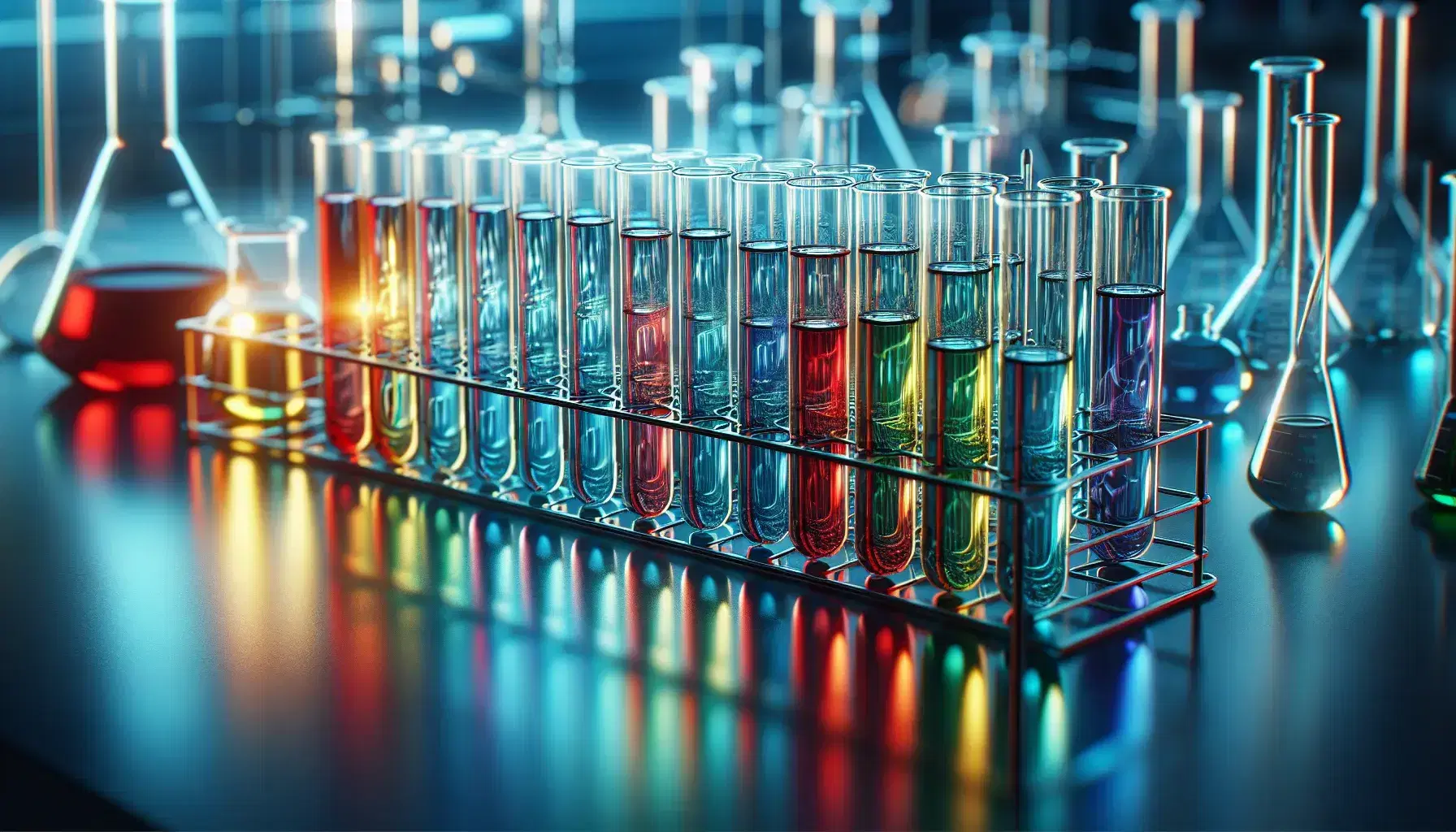 Provette in vetro con liquidi colorati in sfumature arcobaleno su supporto metallico in laboratorio scientifico sfocato.