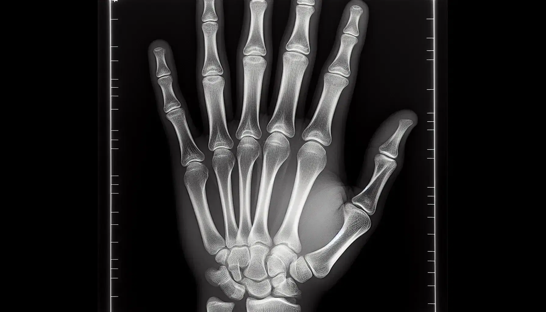 Radiografia di una mano umana con palmo verso il basso e dita leggermente divaricate che mostra le ossa in dettaglio, indicando una crescita ossea non completa.