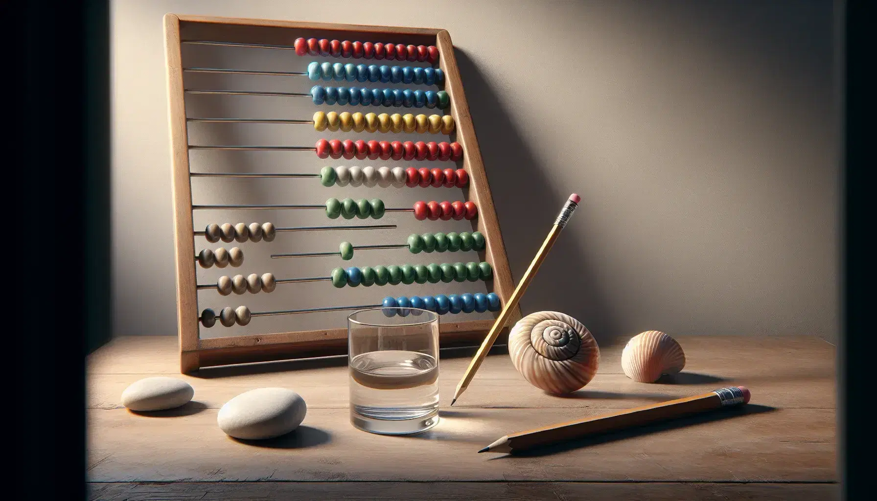 Colorful abacus with red, blue, green, yellow beads, a pencil in a water glass causing refraction, and a white stone with a spiral seashell on a wooden surface.